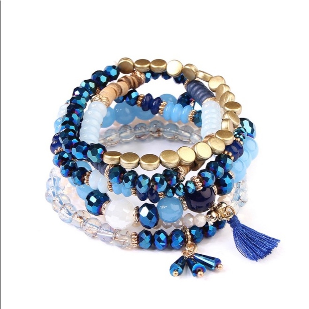 Blue tassel stackable stretch bracelet
